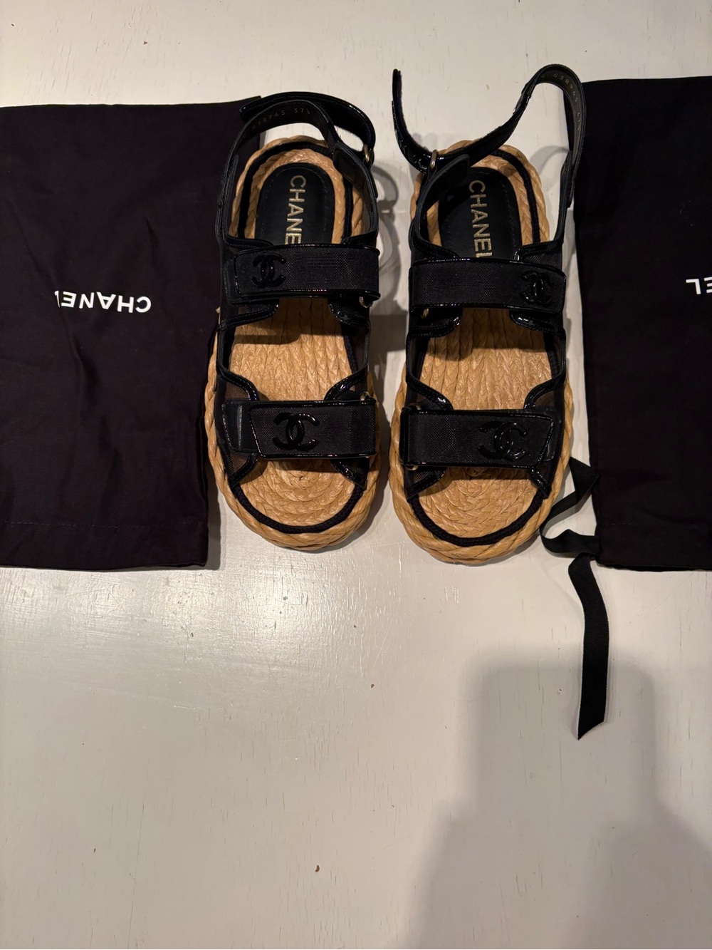 CHANEL Black Canvas and Natural Rope Espadrille Sandals - Picture 3 of 11